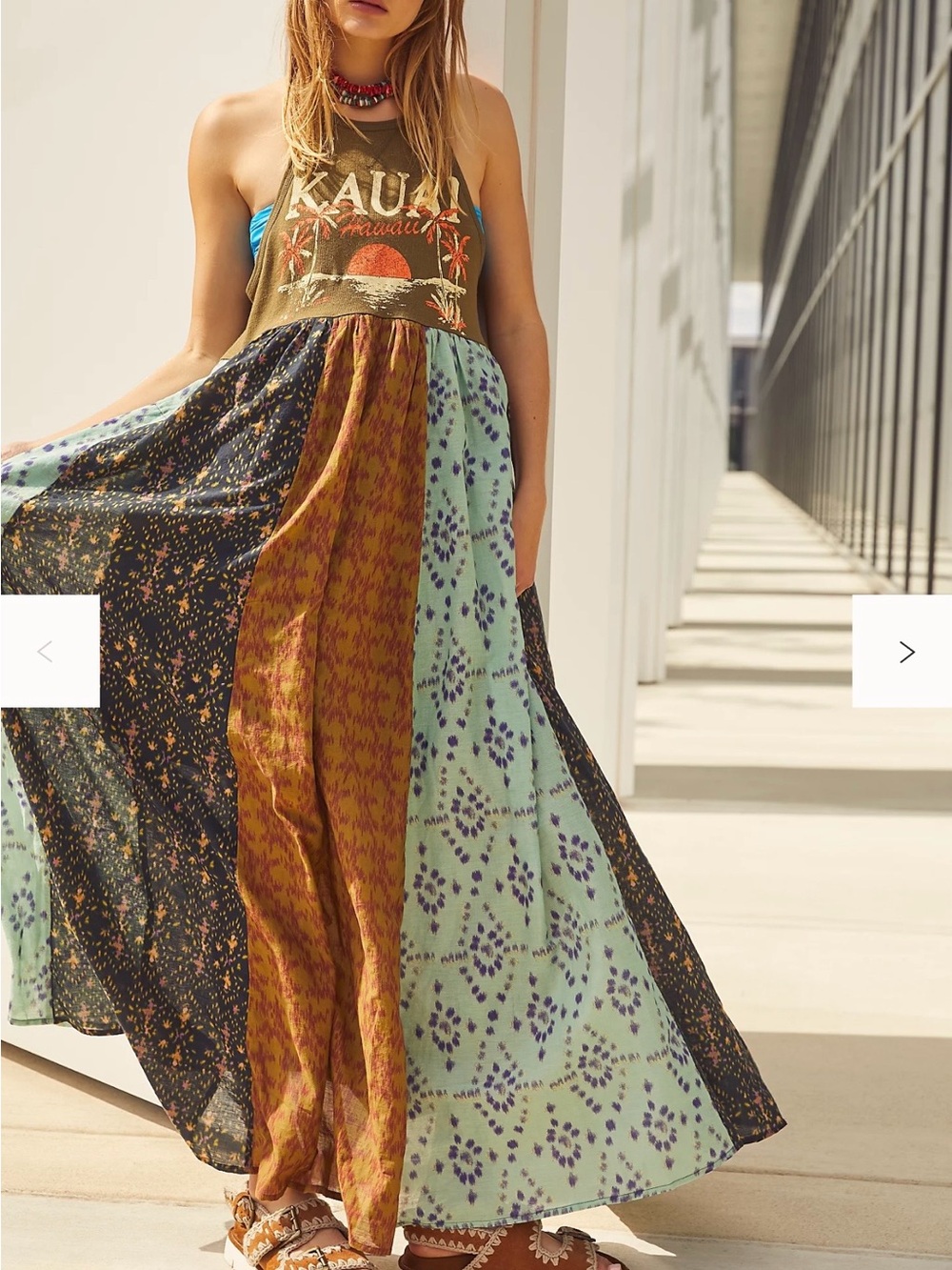 Free People Ikat Dreams Hawaii Patchwork Maxi Dress Med Olive Green Boho Pockets